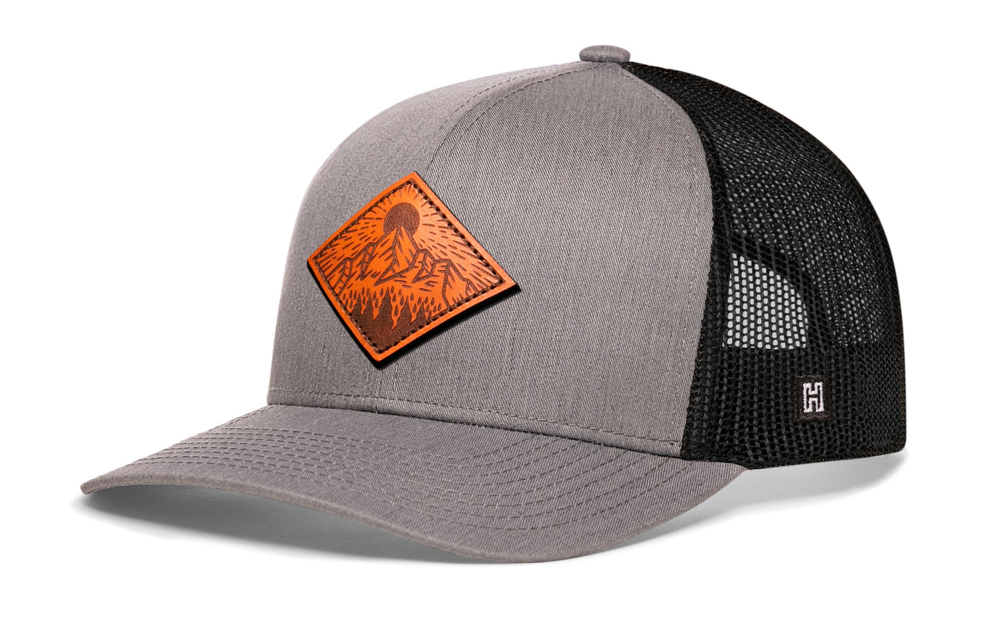 Diamond Mountain and Trees Trucker Hat Leather  |  Black Outdoors Snapback