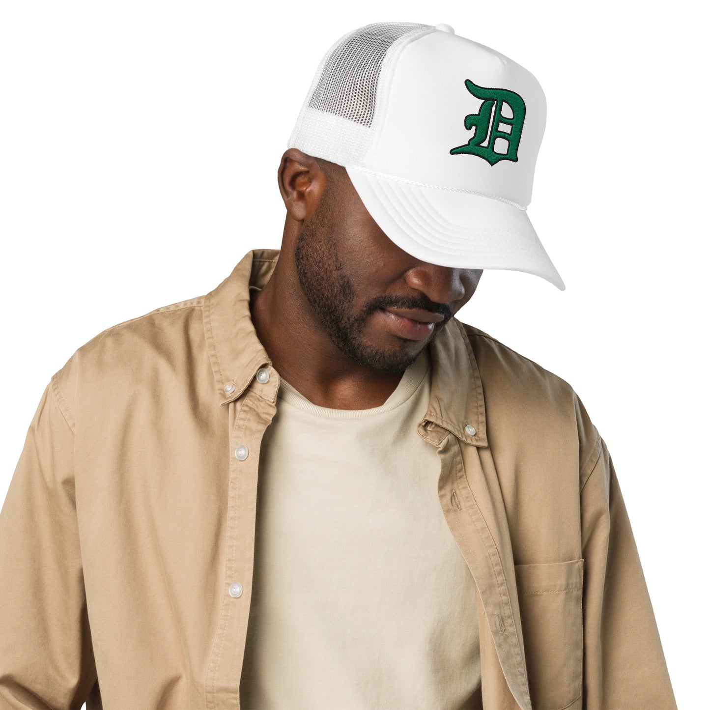 Script D (green with black outline) - Foam trucker hat