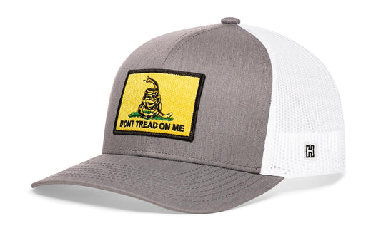 Dont Tread On Me Trucker Hat | Gray-White Gadsden Flag Yellow Snapback