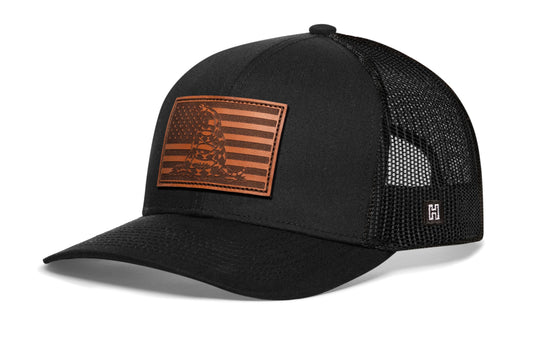 Dont Tread on Me American Flag Trucker Hat | Black Gadsden Leather Snapback