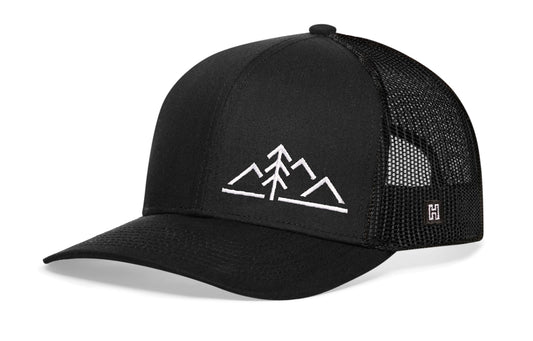 Mountains with Pine Tree Trucker Hat | Black Outdoors Snapback
