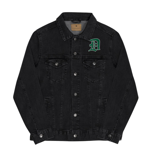 Script D (front-green white outline)_Green Sox (back-script)-Unisex denim jacket