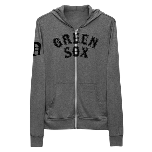 GREEN SOX_arched type (front)_Script D (sleeve)-Unisex zip hoodie