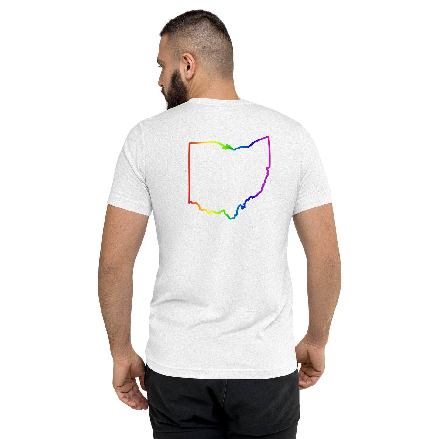 ROY G. BIV tribute_DUBLIN OHIO (front)_STATE SHAPE OUTLINE (back)-Short sleeve t-shirt