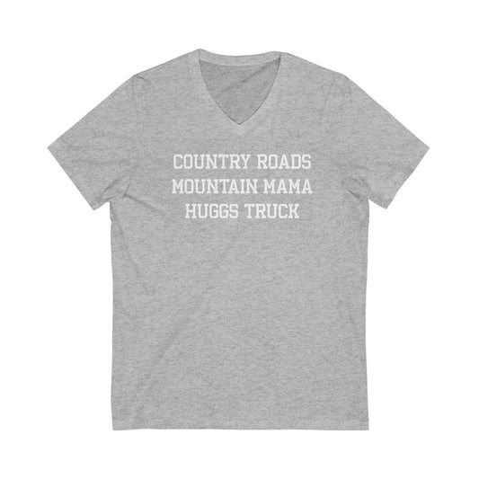 COUNTRY ROADS_MOUNTAIN MAMA_HUGGS TRUCK-Unisex Jersey Short Sleeve V-Neck Tee