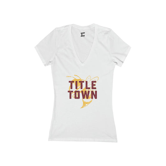 TITLE TOWN OVERPRINT-MASCOT_BACK GRAPHIC-Women's Jersey Short Sleeve Deep V-Neck Tee