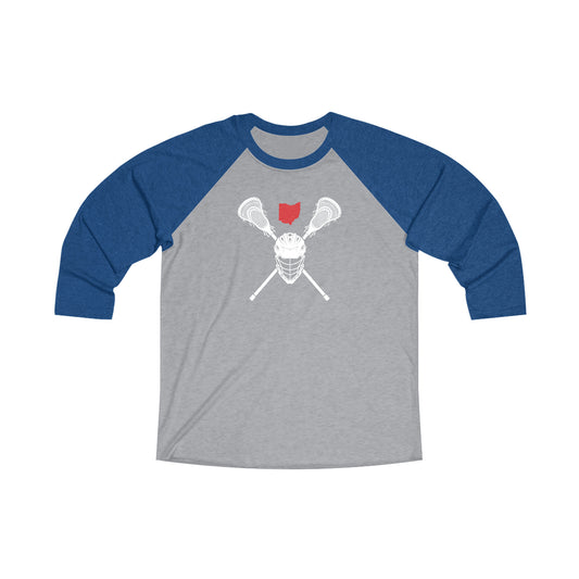 HELMET AND STICKS-OH STATE SHAPE-Unisex Tri-Blend 3\4 Raglan Tee