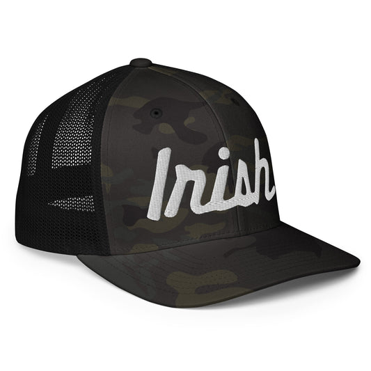 IRISH_SCRIPT_Dimensional_BLACK CAMO_Closed-back trucker cap